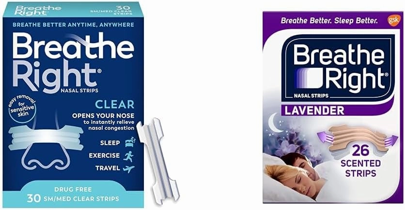 Breathe Right Original Nasal Strips Clear Sm/Med & Nasal Strips Lavender Scent Extra Strength Tan Nasal Strips