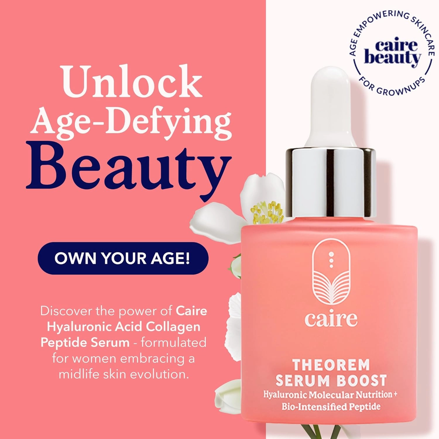 Caire ‘Own Your Age’ Bioavailable Hyaluronic Acid Collagen Peptide Serum for Face, Eyes   Neck | 15ml
