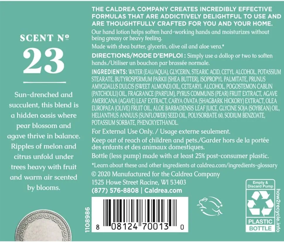 Caldrea Hand Lotion, For Dry Hands, Made with Shea Butter, Aloe Vera, and Glycerin and Other Thoughtfully Chosen Ingredients, Pear Blossom Agave Scent, 10.8 oz (Packaging May Vary)