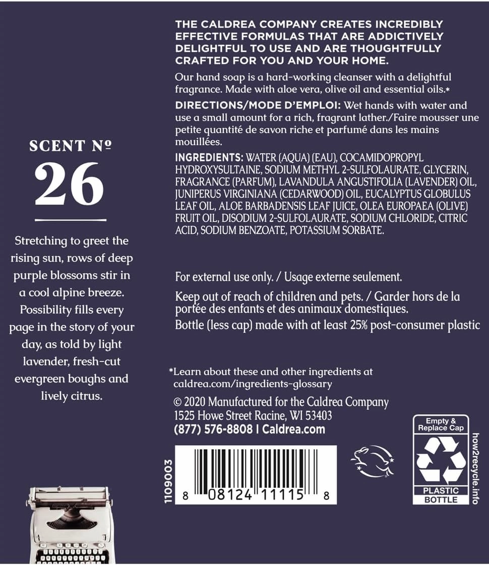 Caldrea Hand Soap Refill, Aloe Vera Gel, Olive Oil And Essential Oils To Cleanse And Condition, Lavender Cedar Leaf, 32 Oz