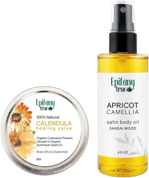 Calendula Salve 2oz, Dry Skin Soothing Balm, Bug Itch Relief | Apricot & Camellia Satin Body Oil 4oz, Vitamin-E Rich in Antioxidants, Promotes Skin Elasticity, Bundle