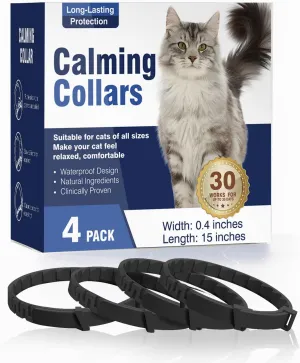 Cat Calming Collar 4 Pack, Adjustable Soother, Anxiety Relief, Stress Pheromone Collar for Cats, Comfort Cat Calm Collars, Lasts 30 Days, Black, 15 inches
