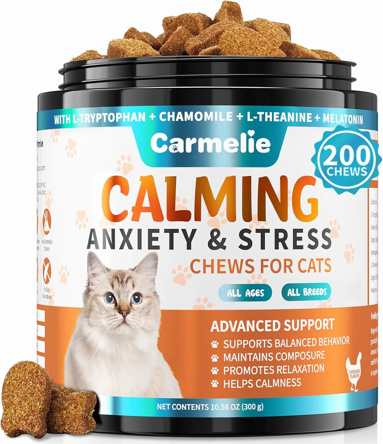 Cat Hemp Calming Treats - 200 Count - Calming Chew for Cat - Calming Treats for Cats with Valerian Root Chamomile Melatonin for Cat Anxiety Relief, Storms, Travel, Separation - Chicken Flavor