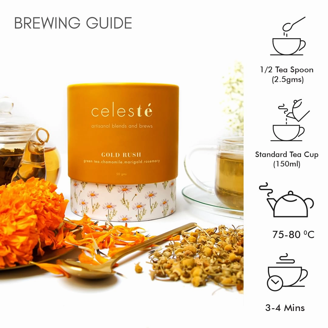 Celeste Gold Rush – Chamomile Tea Loose Leaf | Premium Blend with Marigold, Rosemary & Whole Chamomile Flowers | Calming & Aromatic | 100% Natural Loose Leaf Green Tea | (1.76 oz) (50gm) (25 Cups)