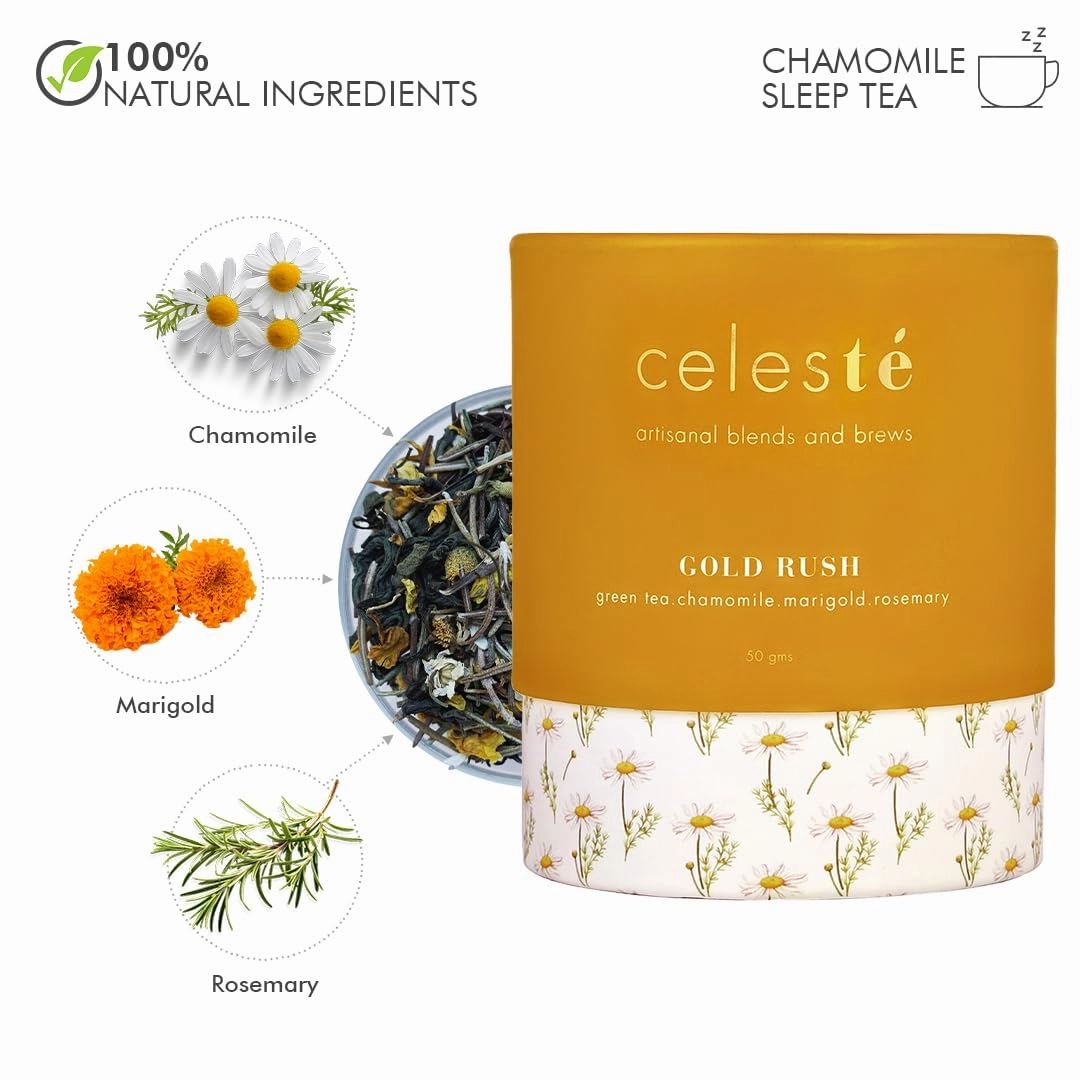 Celeste Gold Rush – Chamomile Tea Loose Leaf | Premium Blend with Marigold, Rosemary & Whole Chamomile Flowers | Calming & Aromatic | 100% Natural Loose Leaf Green Tea | (1.76 oz) (50gm) (25 Cups)
