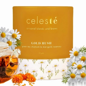 Celeste Gold Rush – Chamomile Tea Loose Leaf | Premium Blend with Marigold, Rosemary & Whole Chamomile Flowers | Calming & Aromatic | 100% Natural Loose Leaf Green Tea | (1.76 oz) (50gm) (25 Cups)