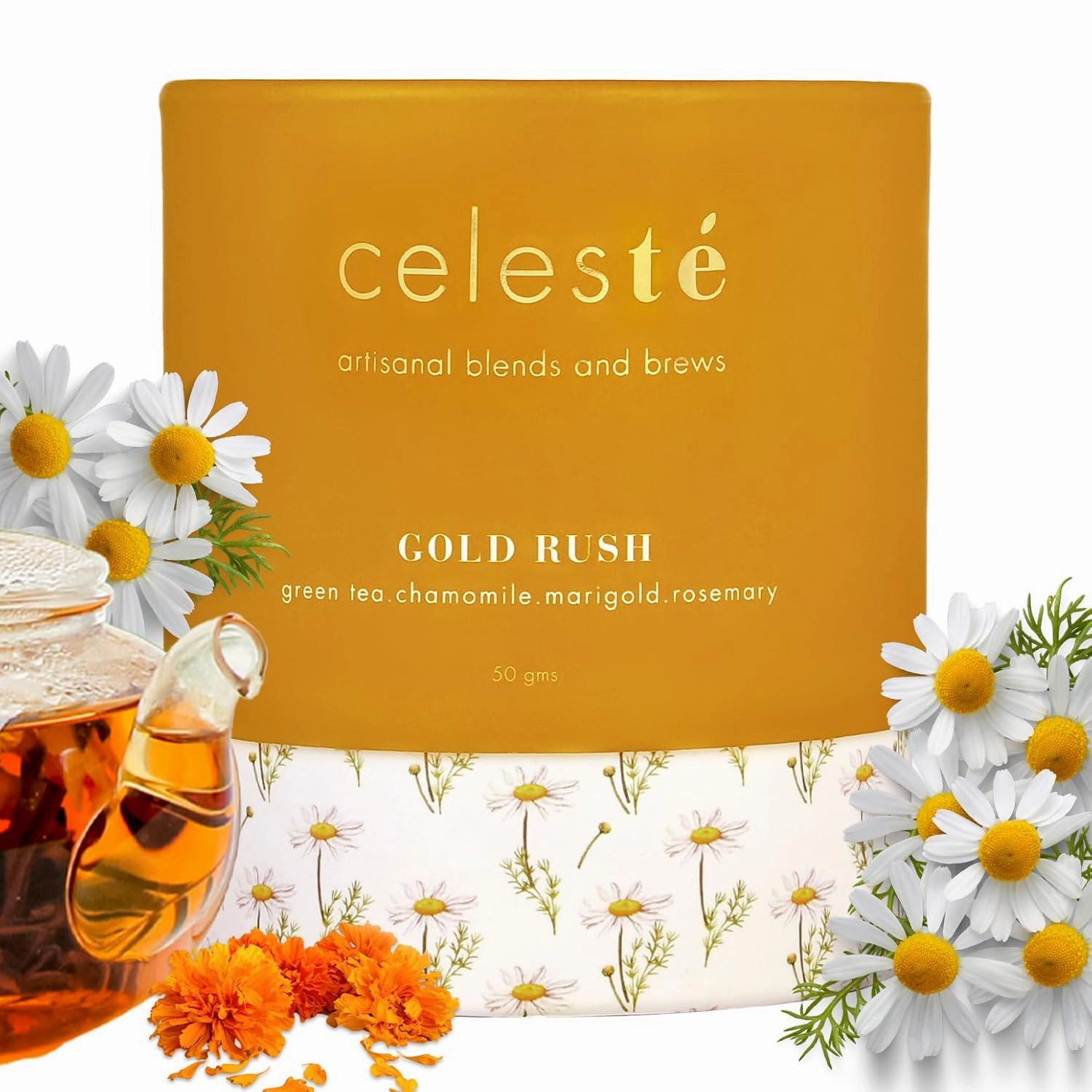 Celeste Gold Rush – Chamomile Tea Loose Leaf | Premium Blend with Marigold, Rosemary & Whole Chamomile Flowers | Calming & Aromatic | 100% Natural Loose Leaf Green Tea | (1.76 oz) (50gm) (25 Cups)