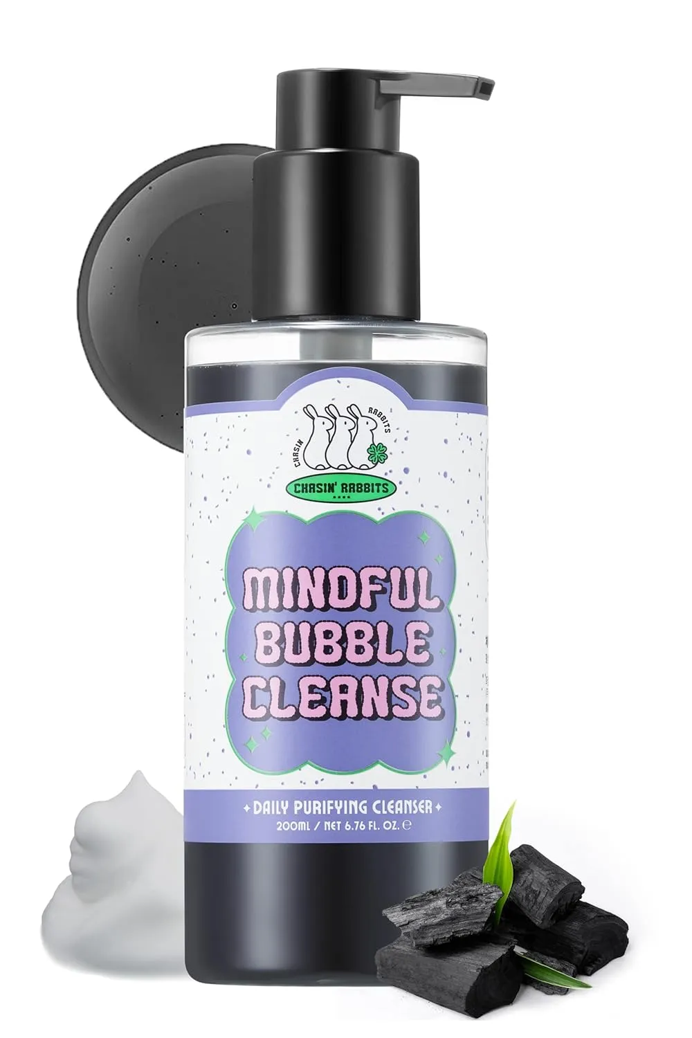 CHASIN' RABBITS Mindful Bubble Cleanse | Vegan All In One Face to Body Bubble Cleanser | Pore Purifying with Charcoal face wash for mens, For Oily Skin | 200mL/6.76 fl. oz