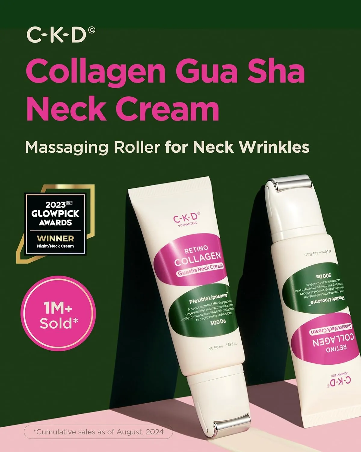 CKD Retinol Collagen Neck Cream with Gua Sha Massage Roller - Anti Aging Firming Cream for Neck & Jawline Lifting, Double Chin, and Décolleté Wrinkle Care. Korean Skincare. 1.69 fl oz