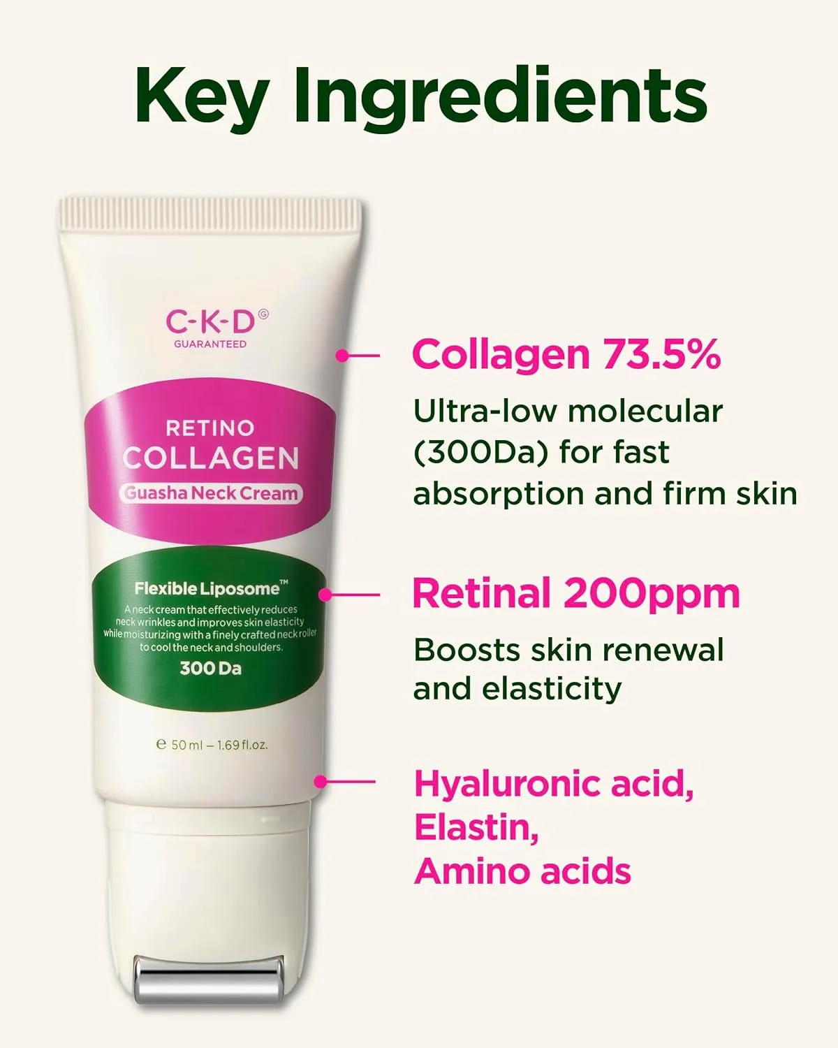 CKD Retinol Collagen Neck Cream with Gua Sha Massage Roller - Anti Aging Firming Cream for Neck & Jawline Lifting, Double Chin, and Décolleté Wrinkle Care. Korean Skincare. 1.69 fl oz