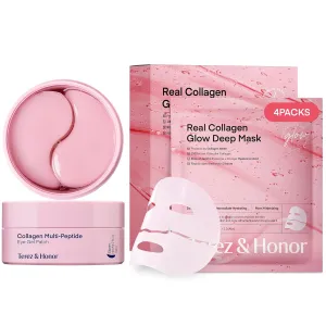 Collagen Face Mask & Eye Patches: Korean Skincare Self-Care Set for Wrinkles, Fine Lines, Pores, Elasticity, Under Eye Puffiness, Dark Circles - Day & Night Deep Hydrating, Firming, Glowing Hydrogel