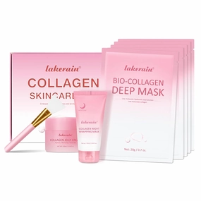 Collagen Skincare Set, 5 Pcs Bio-Collagen Deep Hydrating Mask & Night Wrapping Peel Off Facial Mask and Jelly Cream, for Firming & Glowing Skin