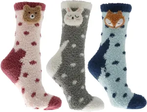 Cuddly Pets Gift Box Set: 3 Pairs of Embroidered Lavender and Shea Infused Socks [Rabbit/Tiger/Bear]