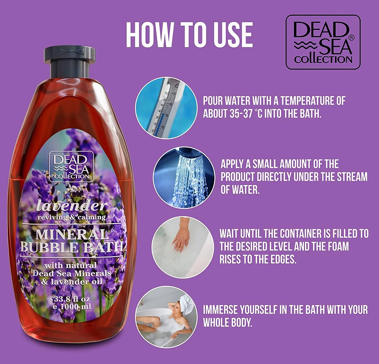 Dead Sea Collection Bubble Bath with Lavender for Women and Men - Lavender Oil and Pure Dead Sea Minerals - Nourishing and Moisturizing Skin - Pack of 2 (67.6 fl.oz)