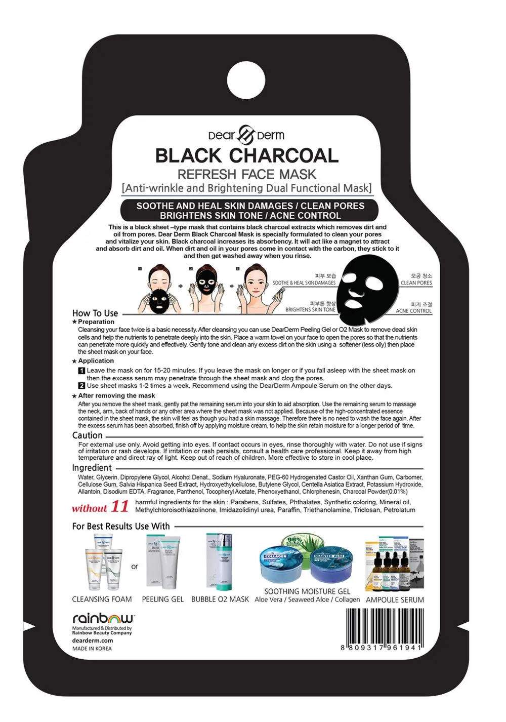 Dearderm Black Charcoal Purifying Face Mask (10pcs) for Blackhead Remover and Pores Minimizer