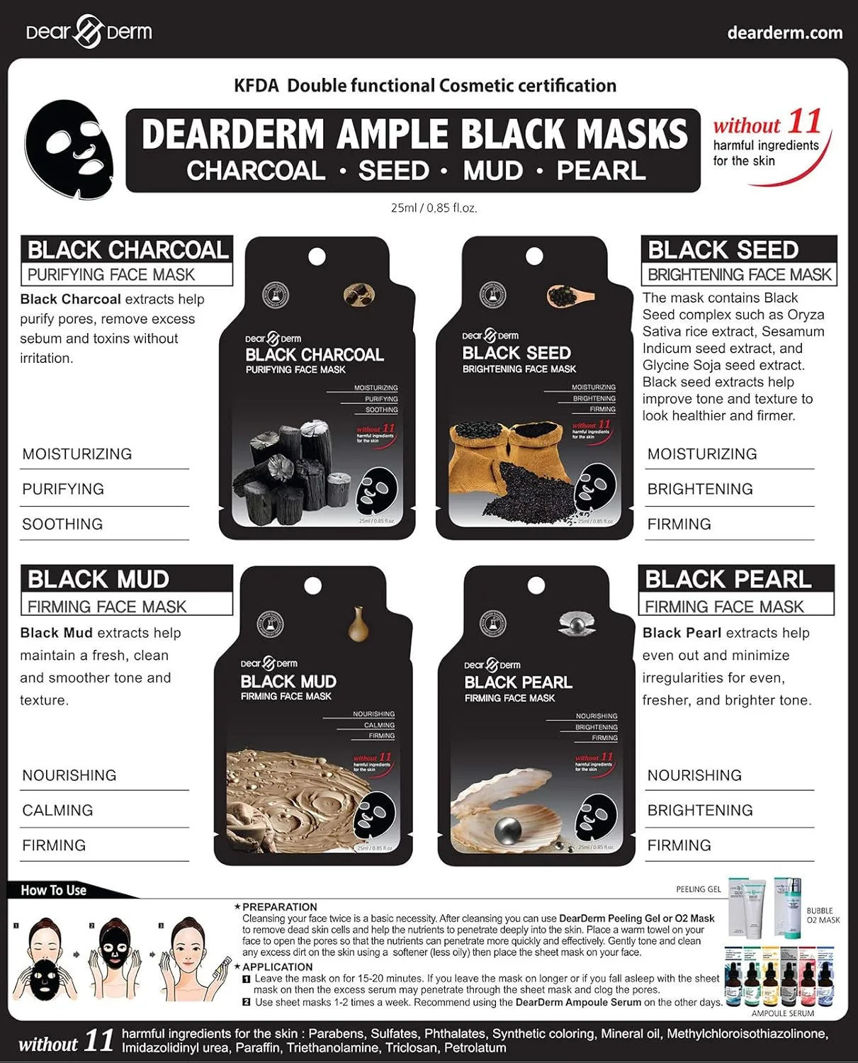 Dearderm Black Charcoal Purifying Face Mask (10pcs) for Blackhead Remover and Pores Minimizer