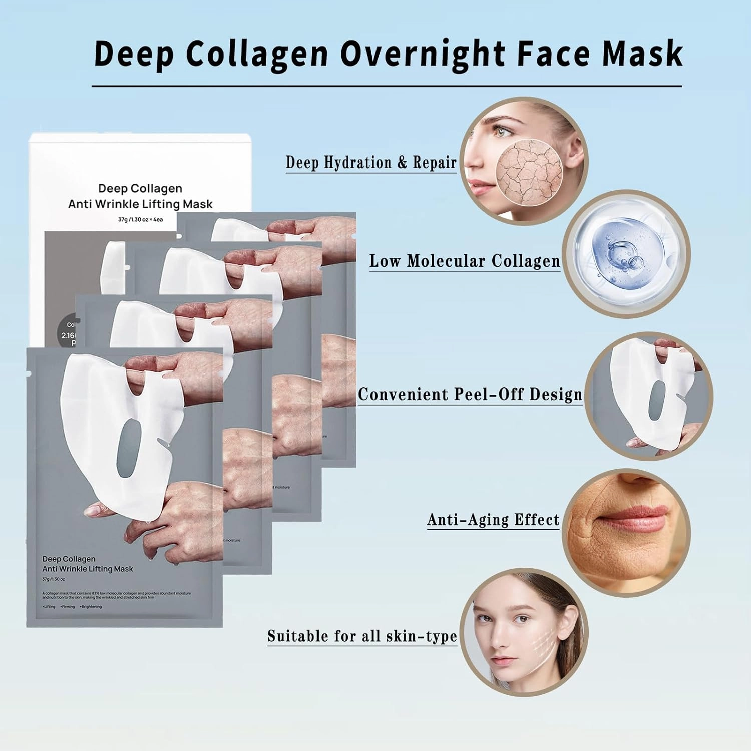 Deep Collagen Overnight Face Mask Bio-Collagen Sheet Masks for Intense Hydration, Firming & Anti-Aging Peel-Off Collagen Masks for Glowing Skin (8PCS)