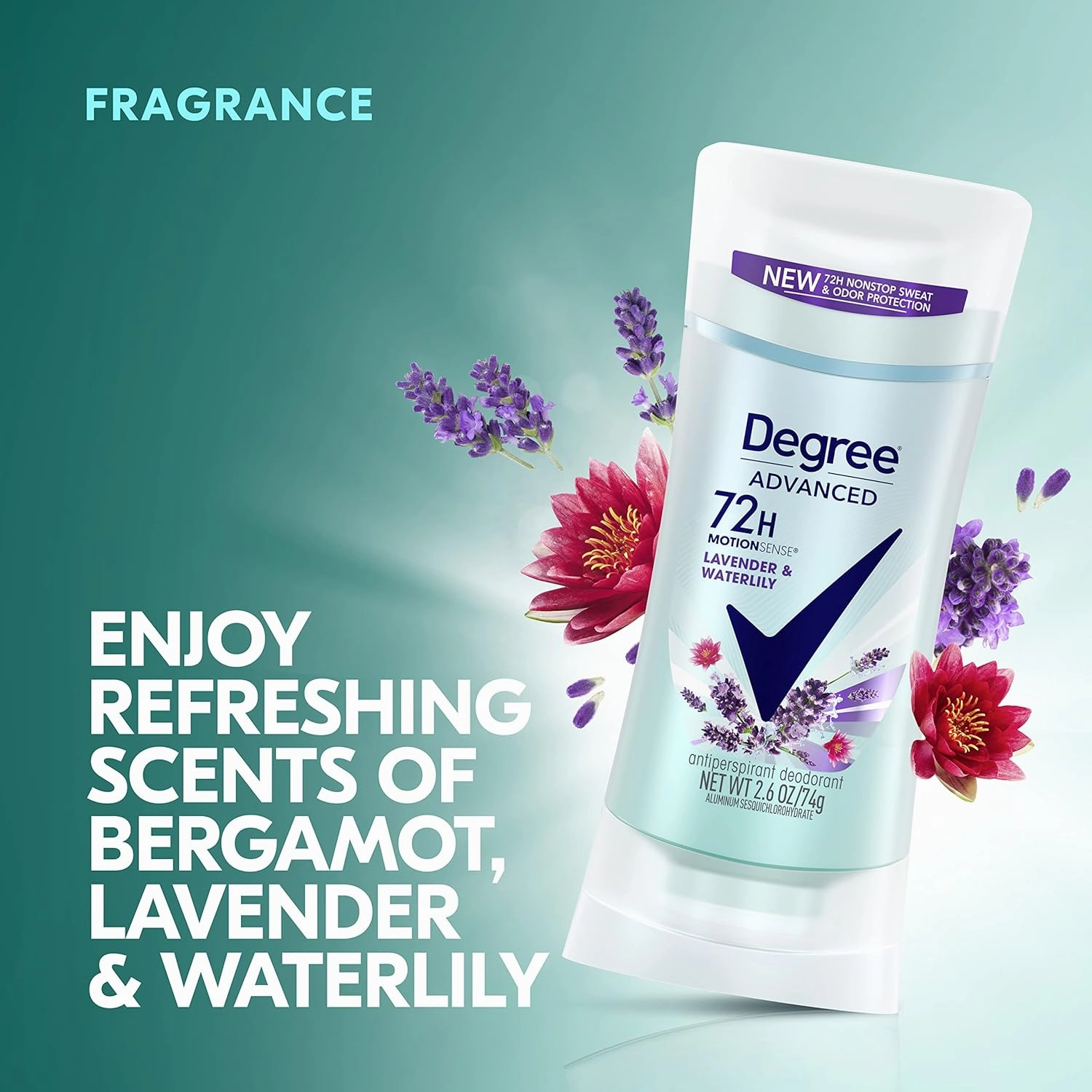 Degree Antiperspirant Deodorant 72-Hour Sweat and Odor Protection Lavender and Waterlily Antiperspirant for Women with MotionSense Technology 2.6 oz 4 Count
