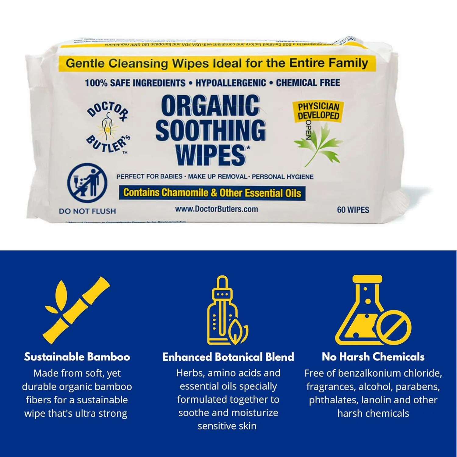 Doctor Butler's Soothing Wipes – All-Purpose Wet Wipes for Sensitive Skin, Face Wipes, and Baby Wipes with Chamomile and Essential Oils* (1 Pack – 60 Count)
