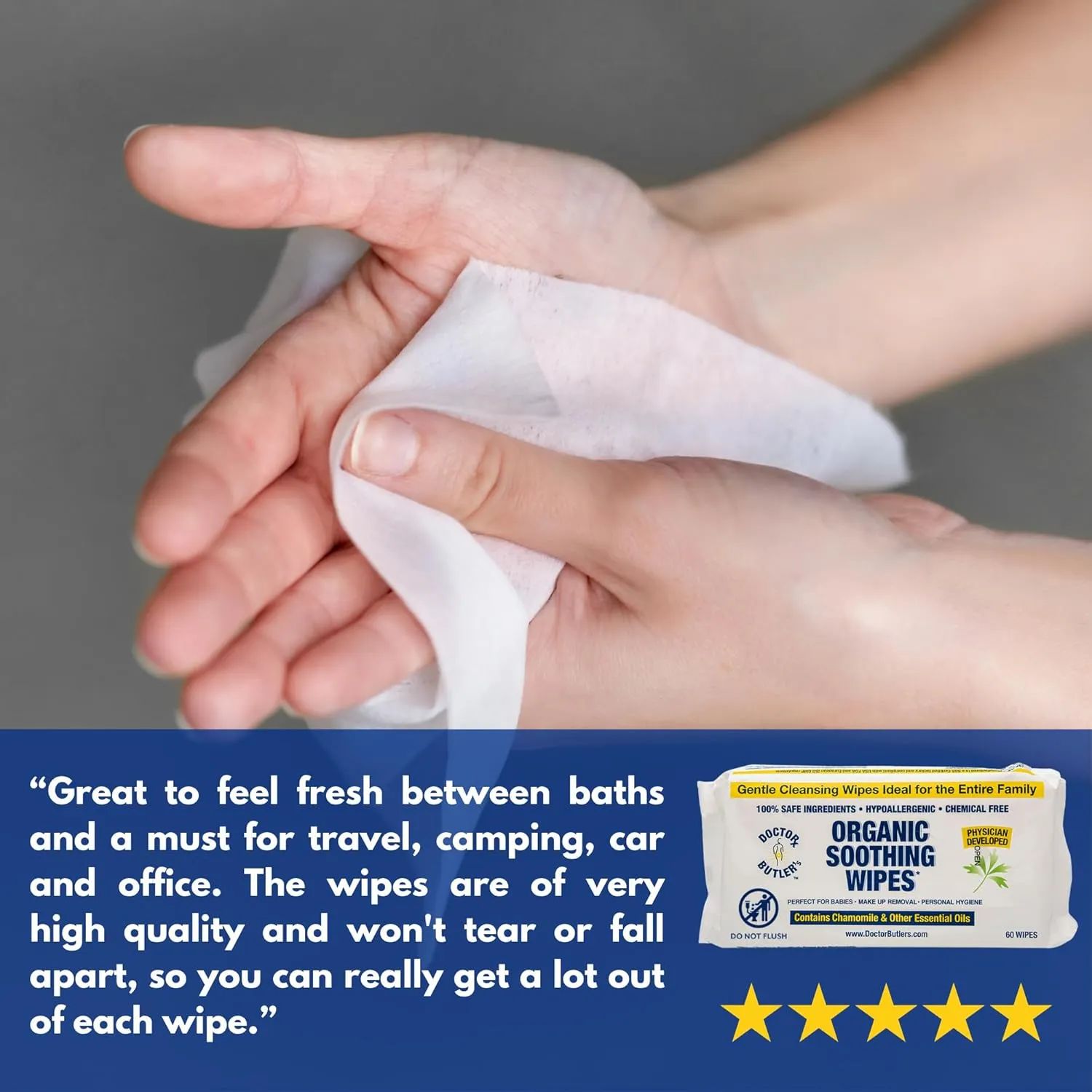 Doctor Butler's Soothing Wipes – All-Purpose Wet Wipes for Sensitive Skin, Face Wipes, and Baby Wipes with Chamomile and Essential Oils* (1 Pack – 60 Count)
