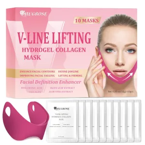 Double Chin Mask, 10PCS V-LINE Lifting Mask, V Shape Face Tape Chin and Neck Mask for Skin Firming, Toning Hydrogel Collagen Face Mask with Hyaluronic Acid & Aloe Vera