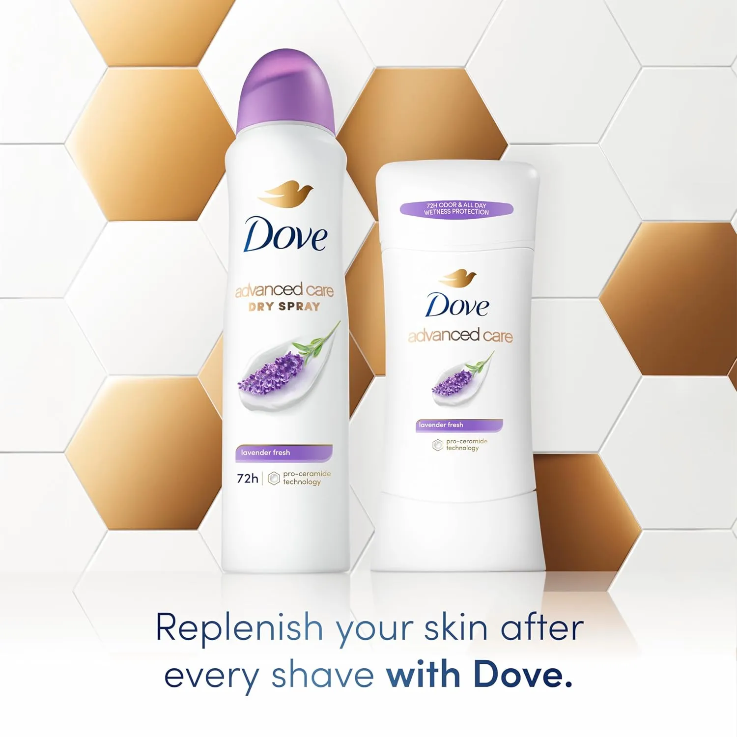Dove Advanced Care Antiperspirant Deodorant Stick Lavender Fresh 4 ct for helping your skin barrier repair72 hr odor control and sweat protection for soft underarms with boosted ceramide levels 2.6 oz