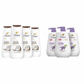 Dove Body Wash Restoring Coconut & Cocoa Butter 4 Count for Renewed & Body Wash with Pump Relaxing Lavender Oil & Chamomile 3 Count for Renewed