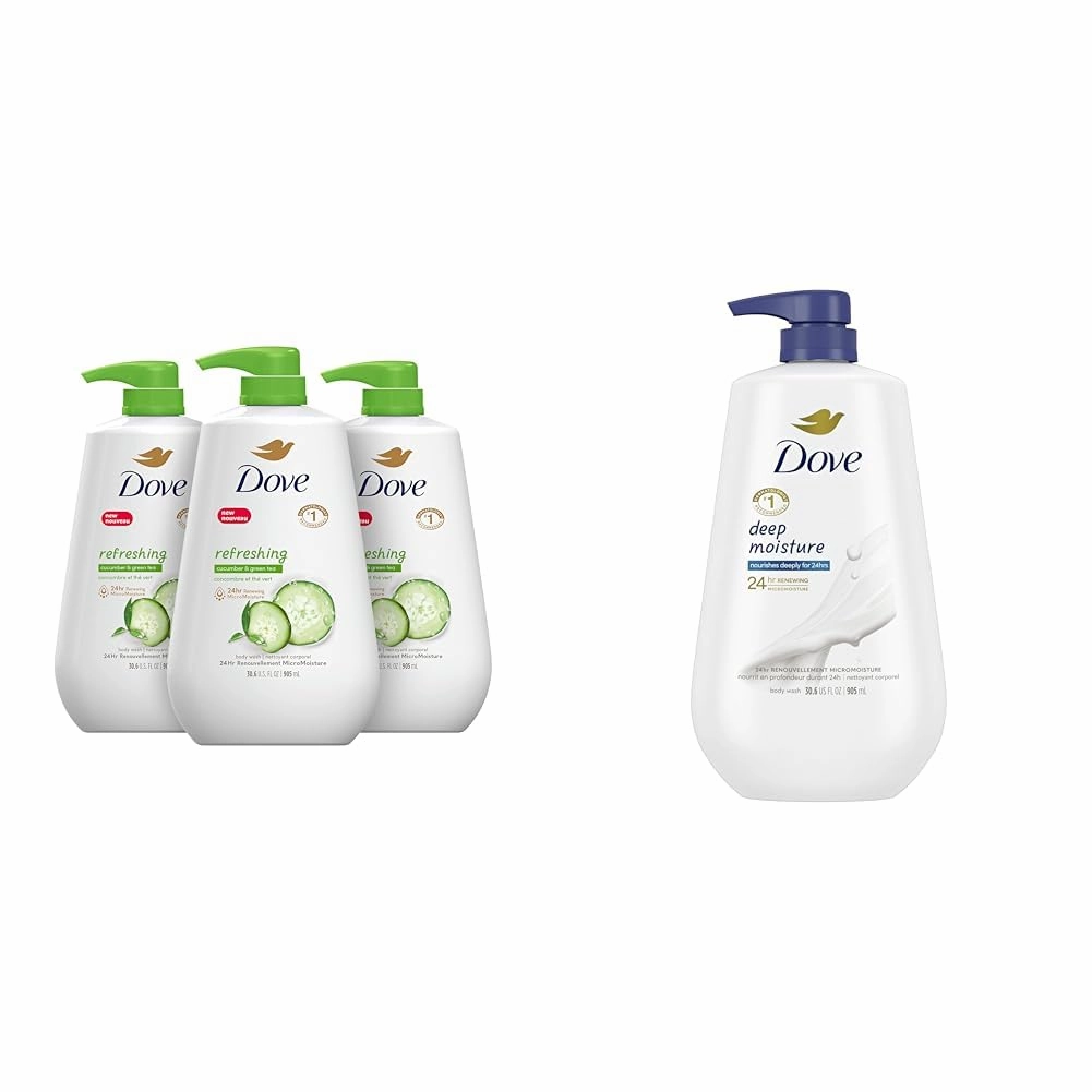 Dove Body Wash with Pump Refreshing Cucumber and Green Tea 30.6 Fl oz(Pack of 3) and Deep Moisture 30.6 oz For Dry Skin