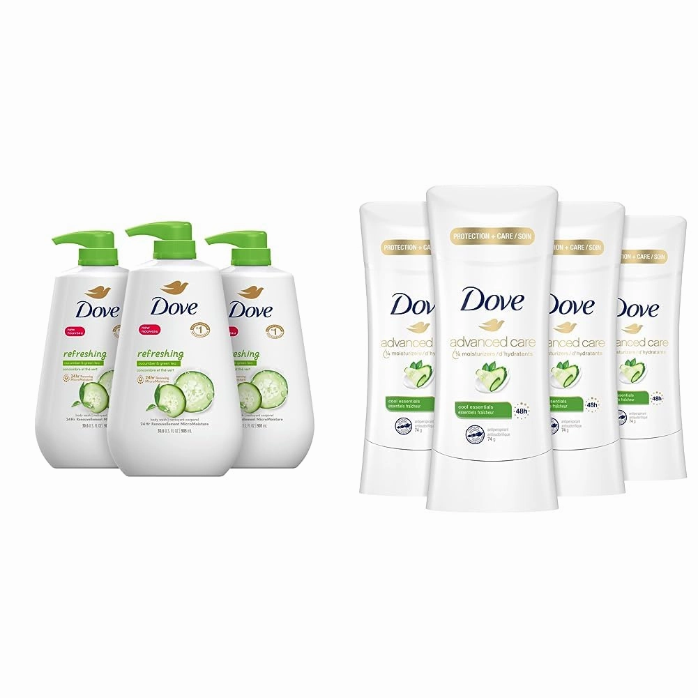 Dove Body Wash with Pump Refreshing Cucumber and Green Tea 3 Count Refreshes Skin Cleanser & Antiperspirant Deodorant with 48 Hour Protection Advance Cool Essentials Deodorant for Women
