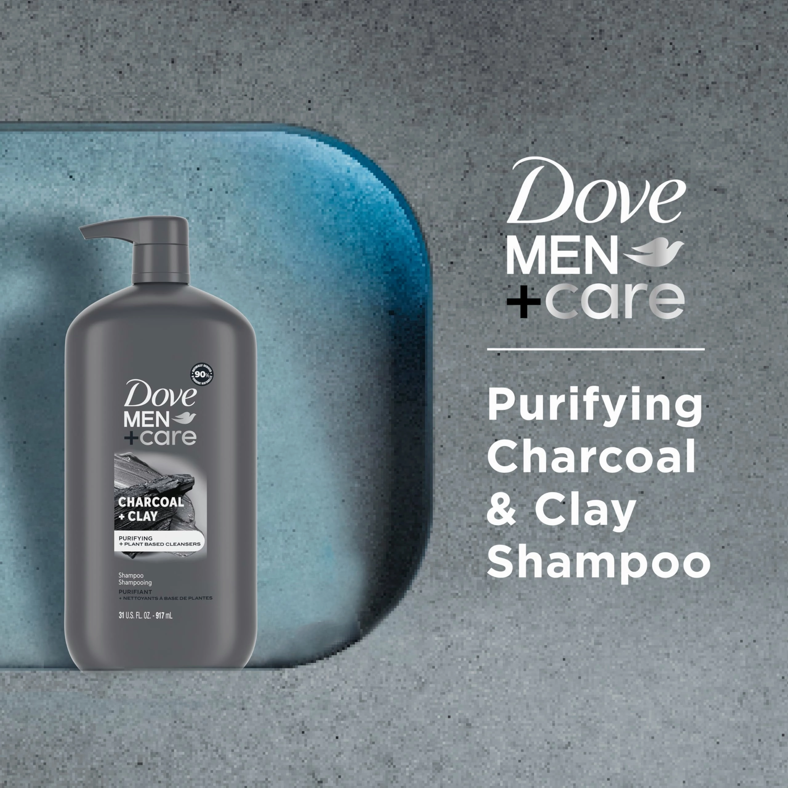 DOVE MEN CARE DV M SH Charcoal Pump Purifying Shampoo Charcoal   Clay for Stronger, More Resilient Hair, with Plant-Based Cleansers, 31 oz