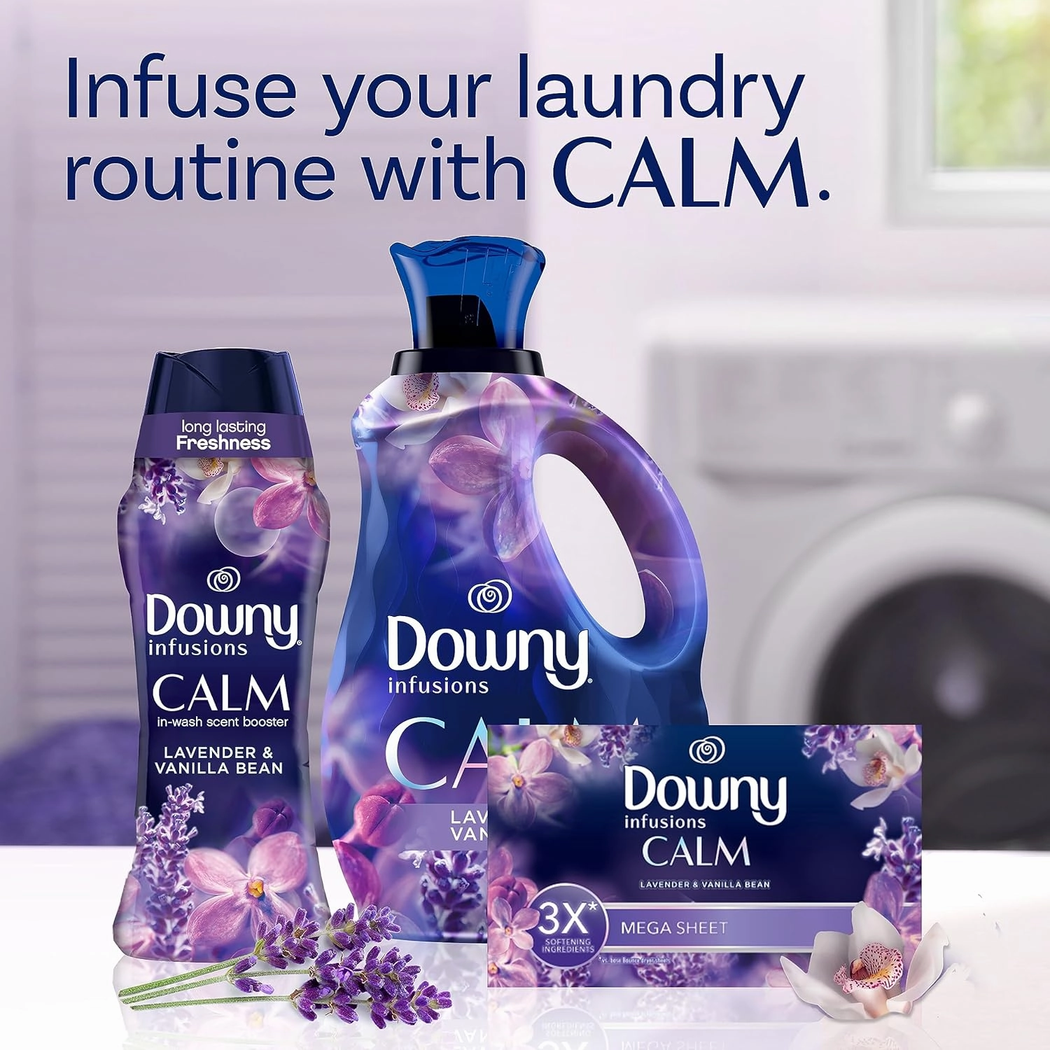 Downy Infusions Mega Dryer Sheets, Laundry Fabric Softener, CALM, Lavender and Vanilla Bean, 180 Count (3 box of 60 sheets)