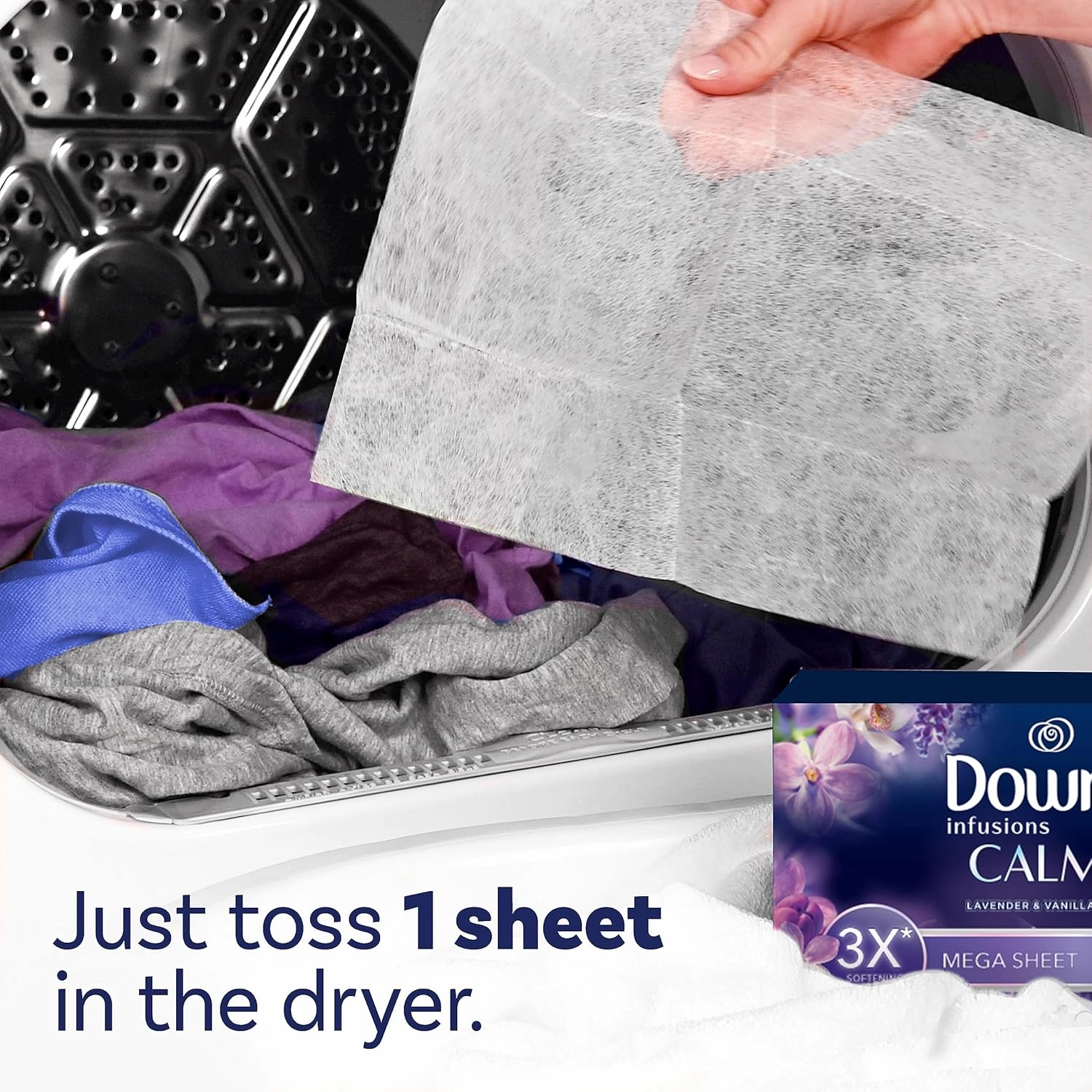 Downy Infusions Mega Dryer Sheets, Laundry Fabric Softener, CALM, Lavender and Vanilla Bean, 180 Count (3 box of 60 sheets)