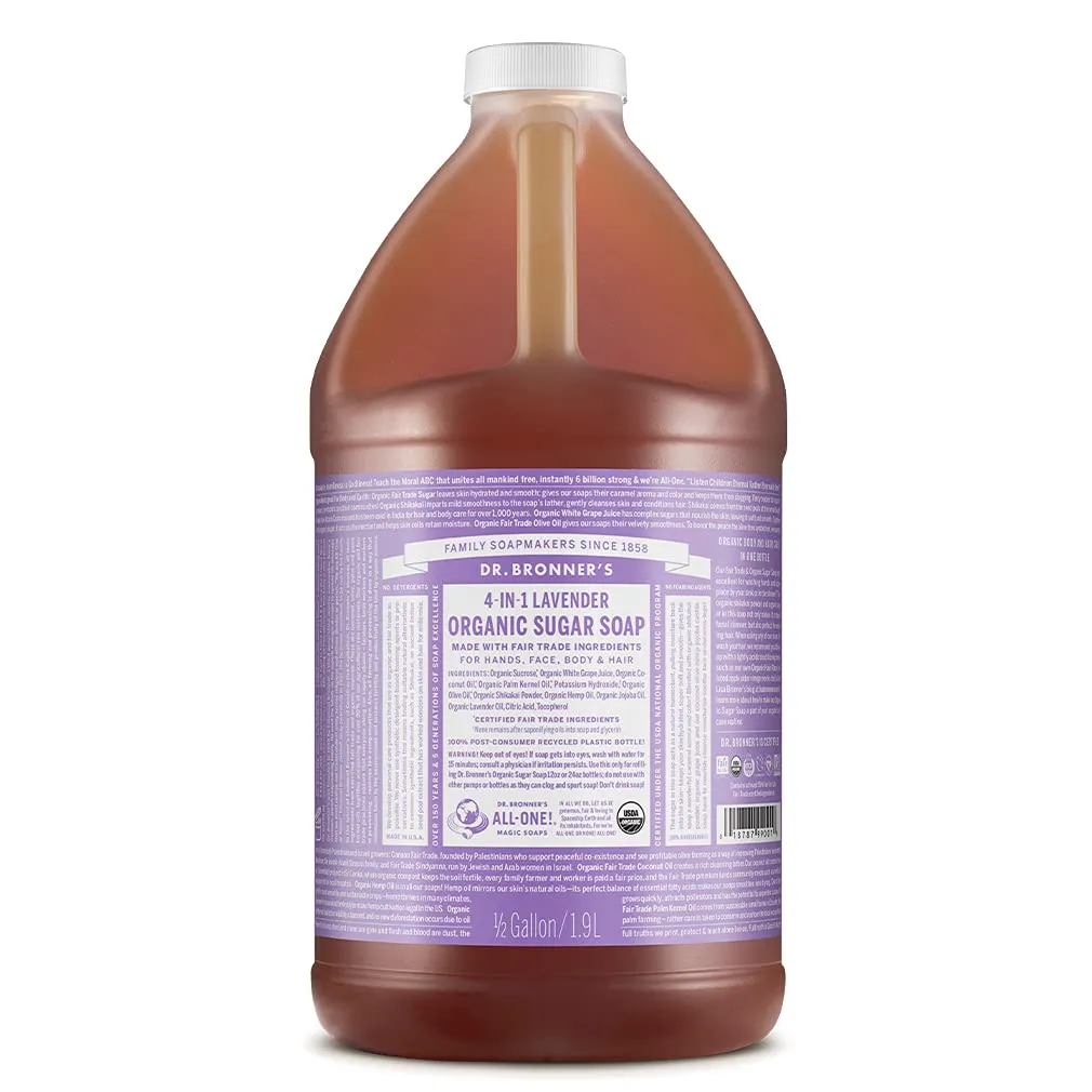 Dr. Bronner's Organic Sugar Soap (Lavender, 64 Ounce)- Made with Organic Oils, Sugar & Shikakai Powder, 4-in-1 Uses: Hand and Body Wash, Face, Hair- Cleanses, Moisturizes, Nourishes, Vegan