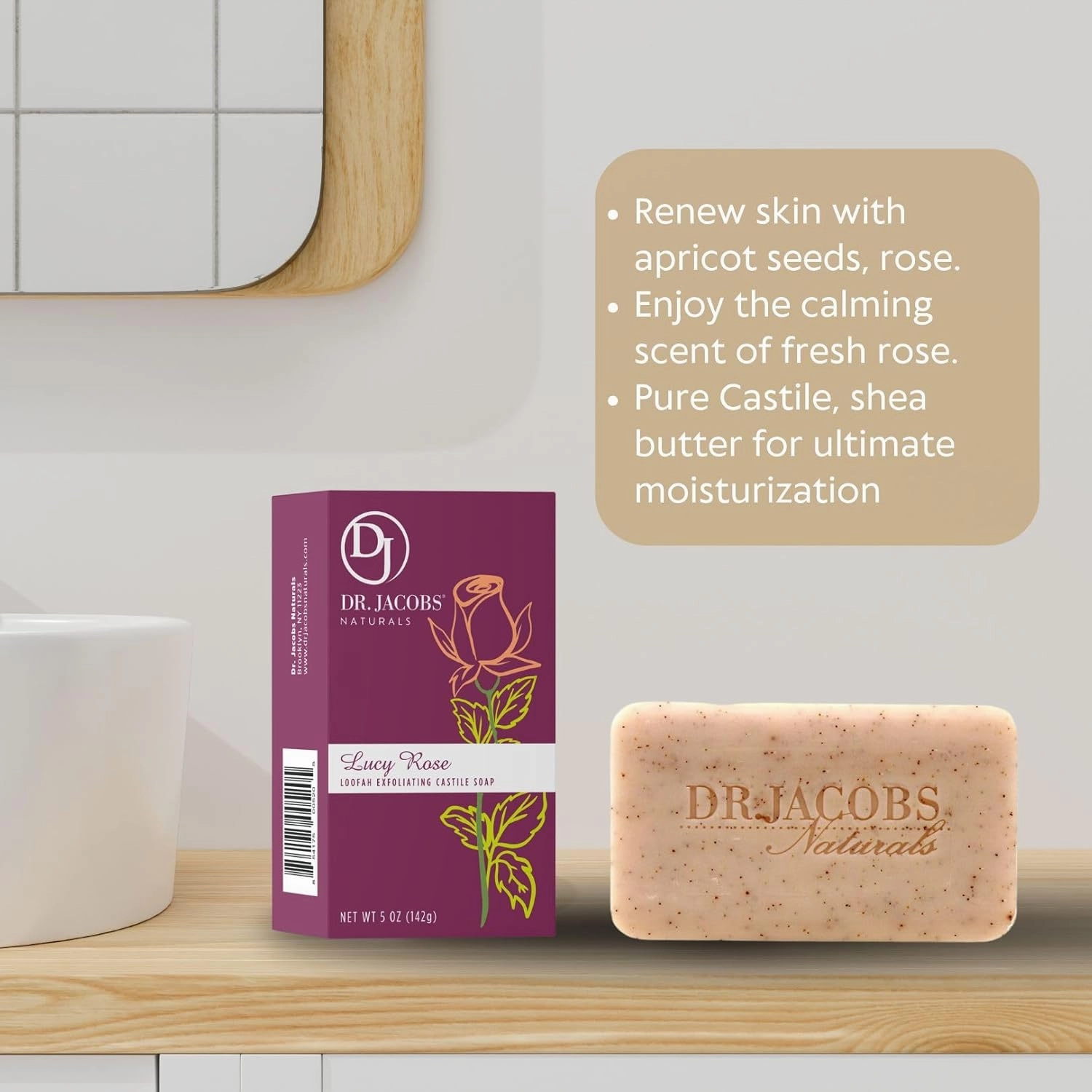 Dr Jacobs Naturals, Triple Milled Loofah Exfoliating Castile Bar Soap (Pack of 2) - Free of Parabens, Sulfates, Synthetics, Gltuen and GMO (Lucy Rose)