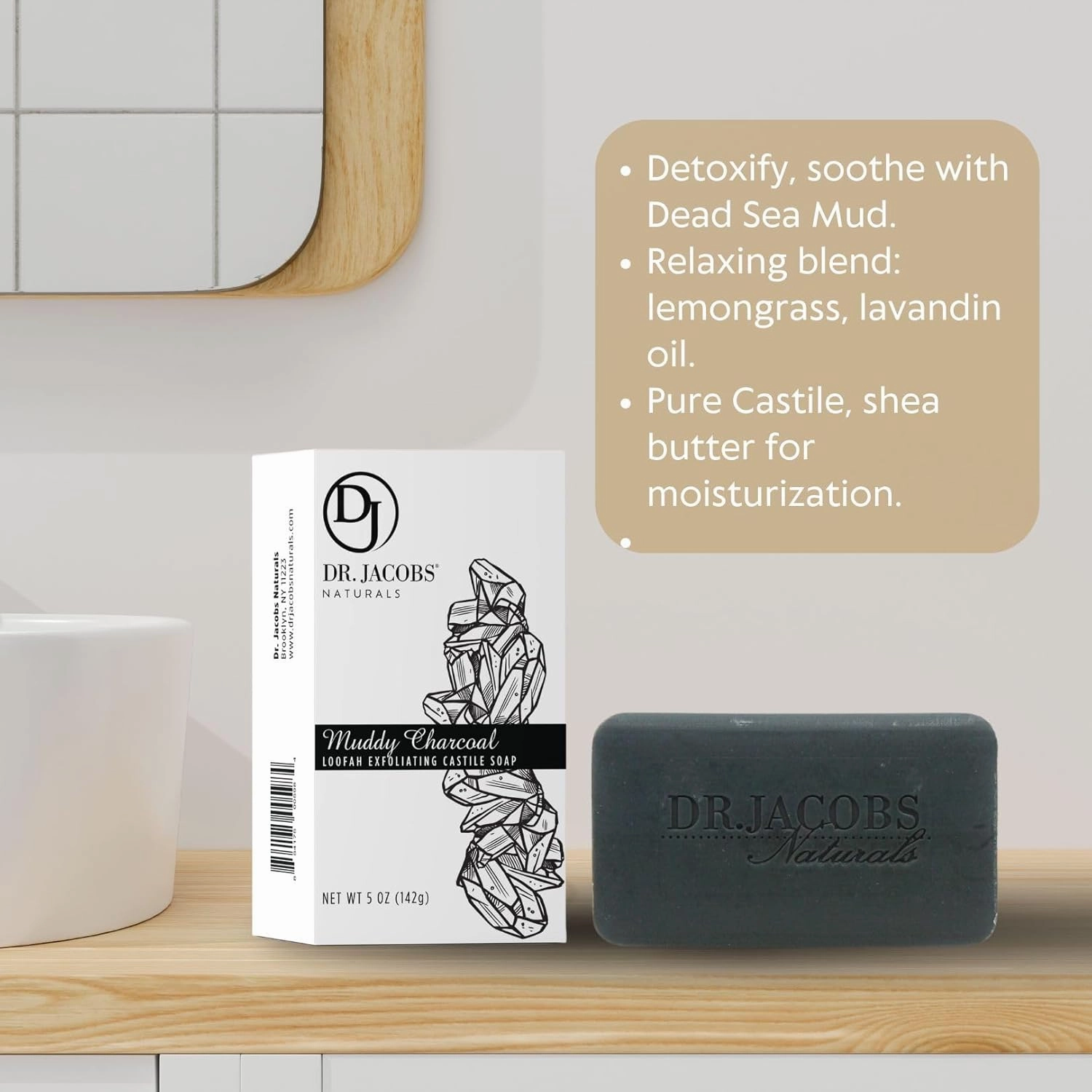 Dr Jacobs Naturals, Triple Milled Loofah Exfoliating Castile Bar Soap (Pack of 6) - Free of Parabens, Sulfates, Synthetics, Gltuen and GMO (Muddy Charcoal)