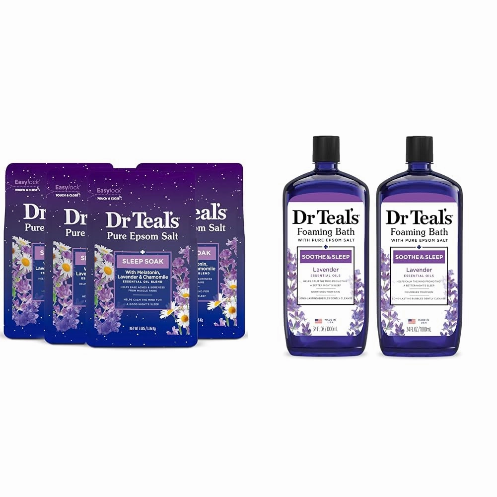 Dr Teal's Epsom Salt Soak & Foaming Bath Bundle with Melatonin & Lavender, 3 lb (Pack of 4)   34 fl oz (Pack of 2)