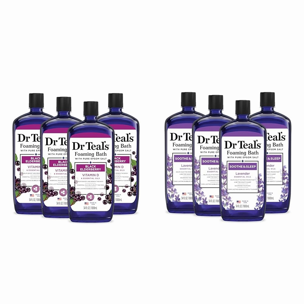 Dr Teal's Foaming Bath Bundle with Pure Epsom Salt, Black Elderberry with Vitamin D, 34 fl oz (Pack of 4) and Soothe & Sleep with Lavender, 34 fl oz (Pack of 4)