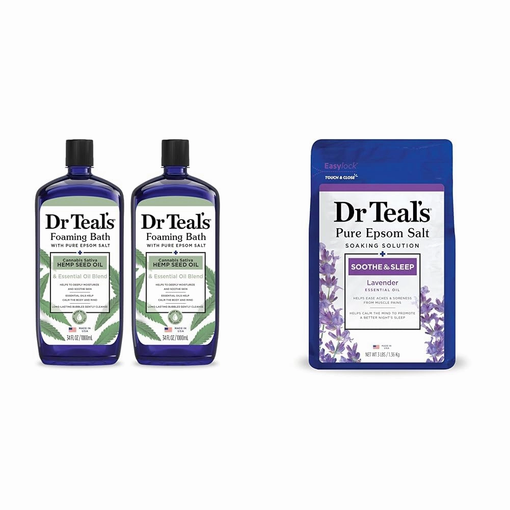 Dr Teal's Foaming Bath with Epsom Salt, Hemp Seed Oil (2X 34 fl oz) & Epsom Salt Soaking Solution with Lavender (3 lbs)