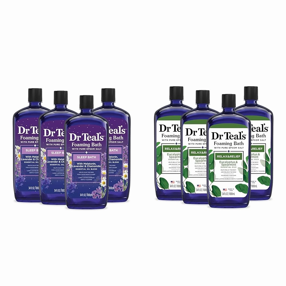 Dr Teal's Foaming Bath with Pure Epsom Salt, Sleep Blend with Melatonin & Foaming Bath with Pure Epsom Salt, Relax & Relief with Eucalyptus & Spearmint, 34 fl oz (Pack of 4) (Packaging May Vary)