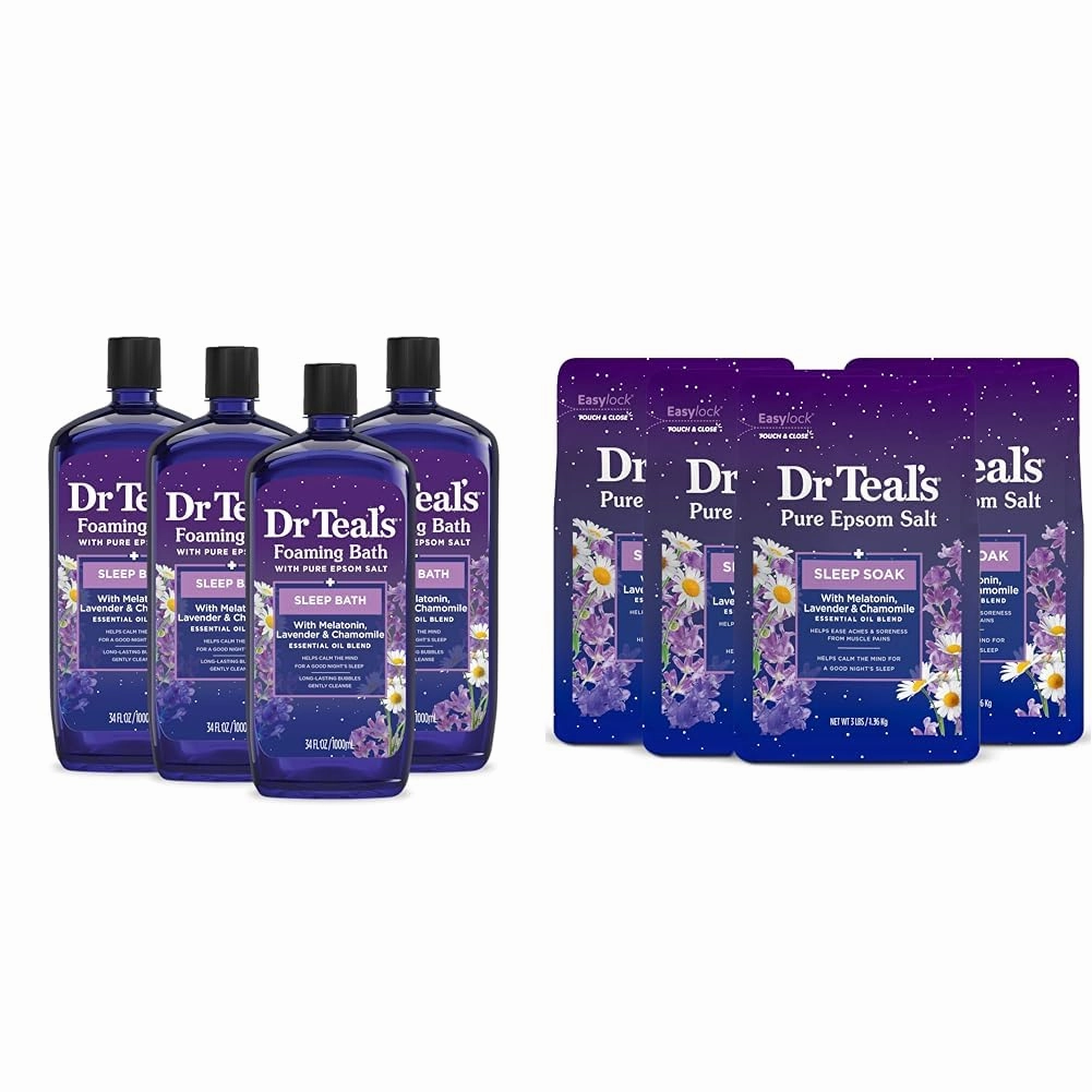 Dr Teal's Foaming Bath with Pure Epsom Salt, Sleep Blend with Melatonin & Pure Epsom Salt Soak, Sleep Blend with Melatonin, Lavender & Chamomile Essential Oils, 3 lbs (Pack of 4) (Packaging May Vary)