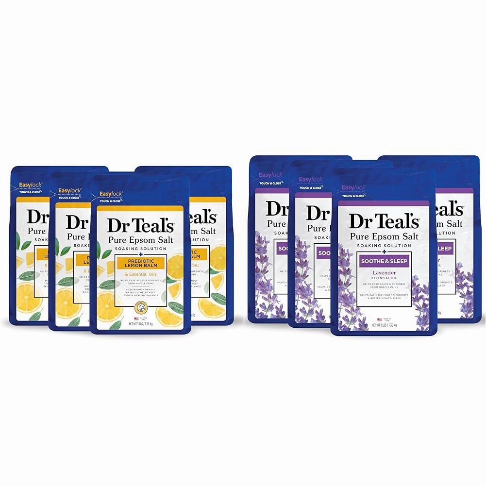 Dr Teal's Pure Epsom Salt Soak Bundle with Prebiotic Lemon Balm & Lavender, 3 lbs (Pack of 4) (Packaging May Vary)