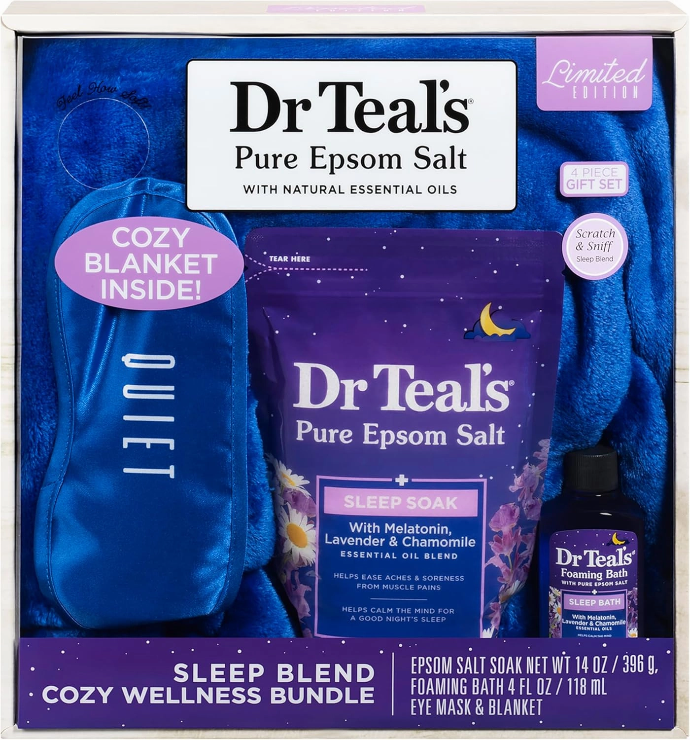 Dr Teal's Sleep Blend Cozy Wellness Bundle, Melatonin, Lavender and Chamomile, 4 Pieces