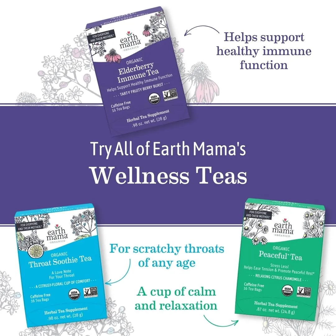 Earth Mama Organic Peaceful™ Tea | Stress Less! Calming, Relaxing Herbal Blend Safe for Pregnancy & Beyond, 16 Teabags Per Box (6-Pack)