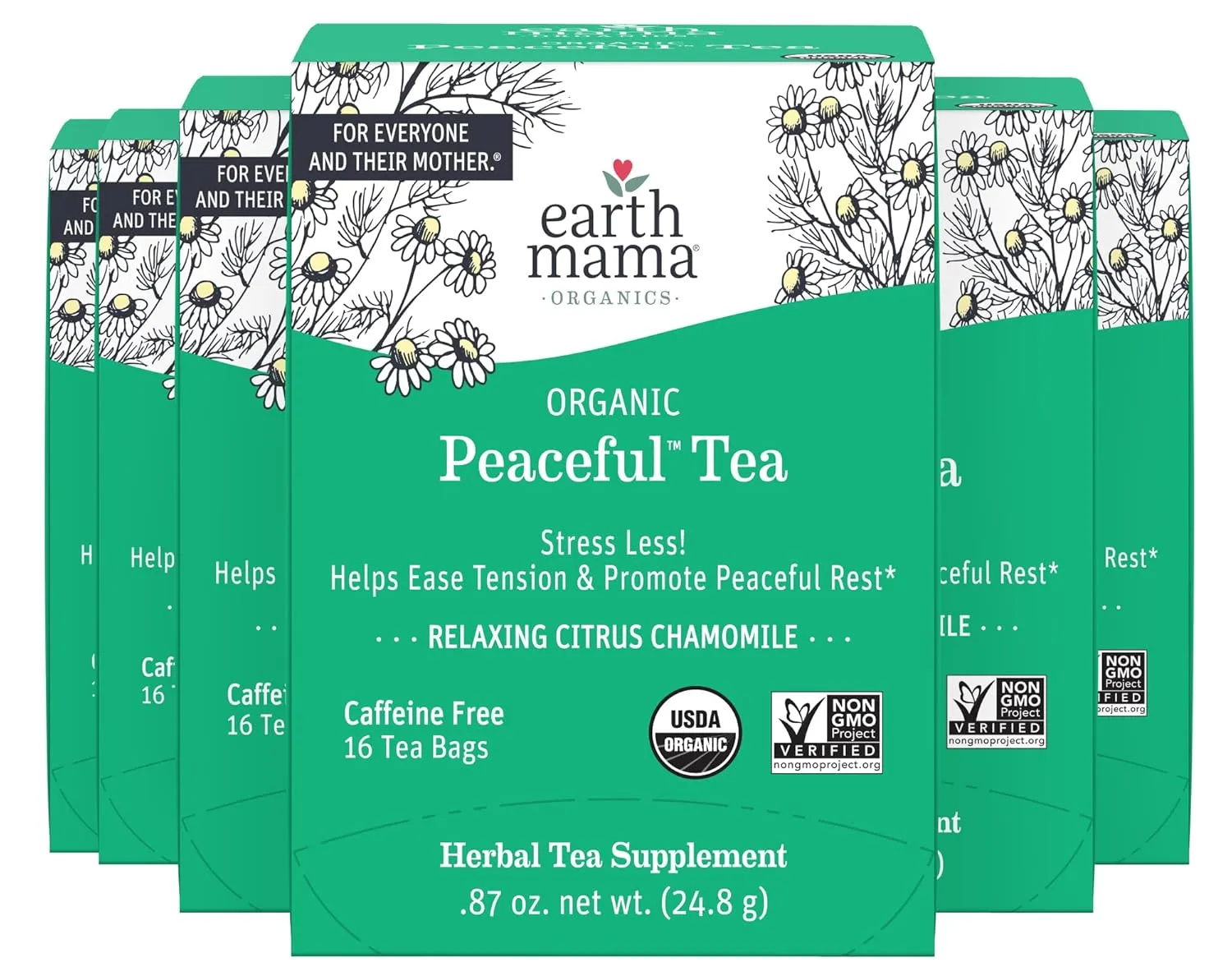 Earth Mama Organic Peaceful™ Tea | Stress Less! Calming, Relaxing Herbal Blend Safe for Pregnancy & Beyond, 16 Teabags Per Box (6-Pack)
