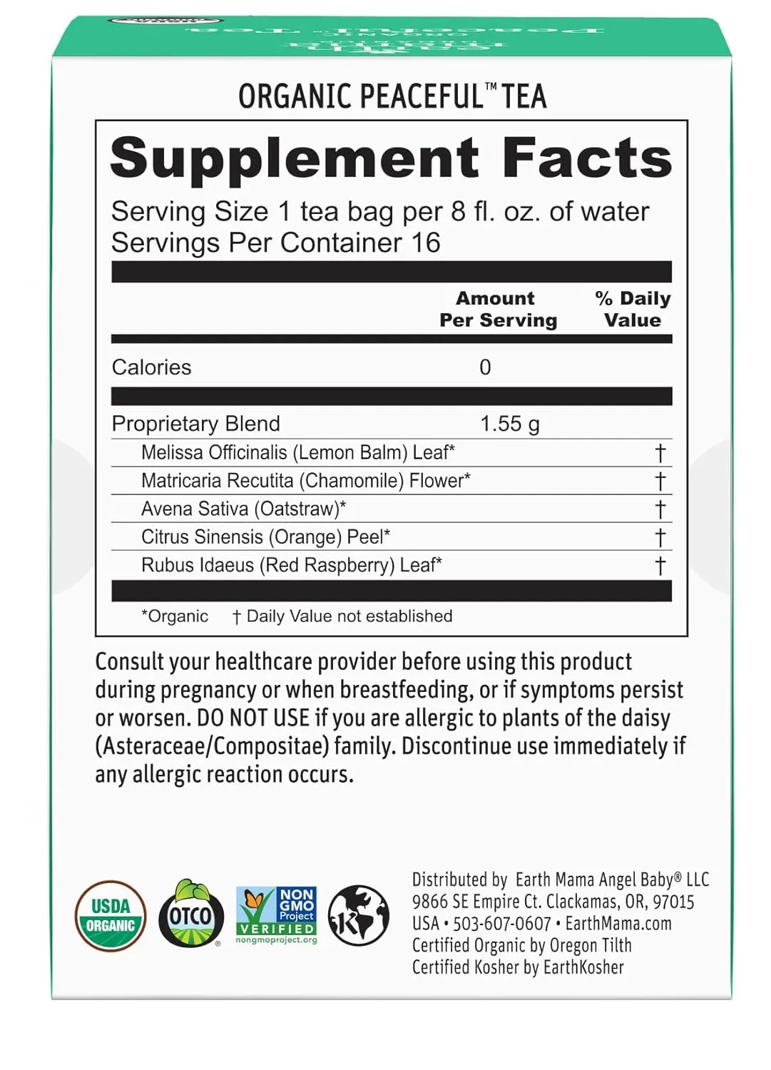 Earth Mama Organic Peaceful™ Tea | Stress Less! Calming, Relaxing Herbal Blend Safe for Pregnancy & Beyond, 16 Teabags Per Box (6-Pack)