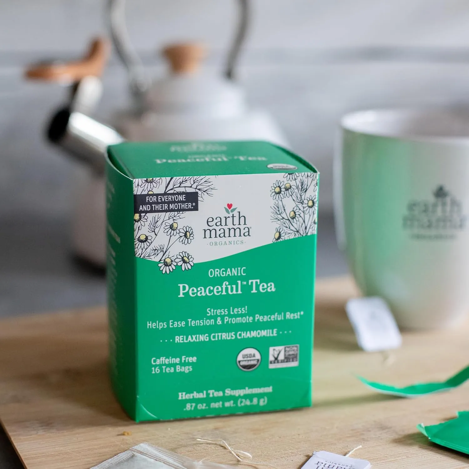 Earth Mama Organic Peaceful™ Tea | Stress Less! Calming, Relaxing Herbal Blend Safe for Pregnancy & Beyond, 16 Teabags Per Box (6-Pack)