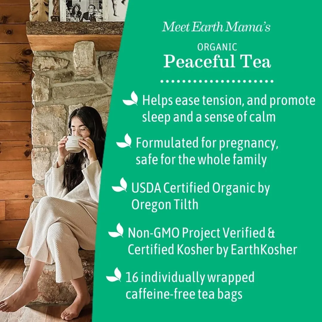 Earth Mama Organic Peaceful™ Tea | Stress Less! Calming, Relaxing Herbal Blend Safe for Pregnancy & Beyond, 16 Teabags Per Box (6-Pack)