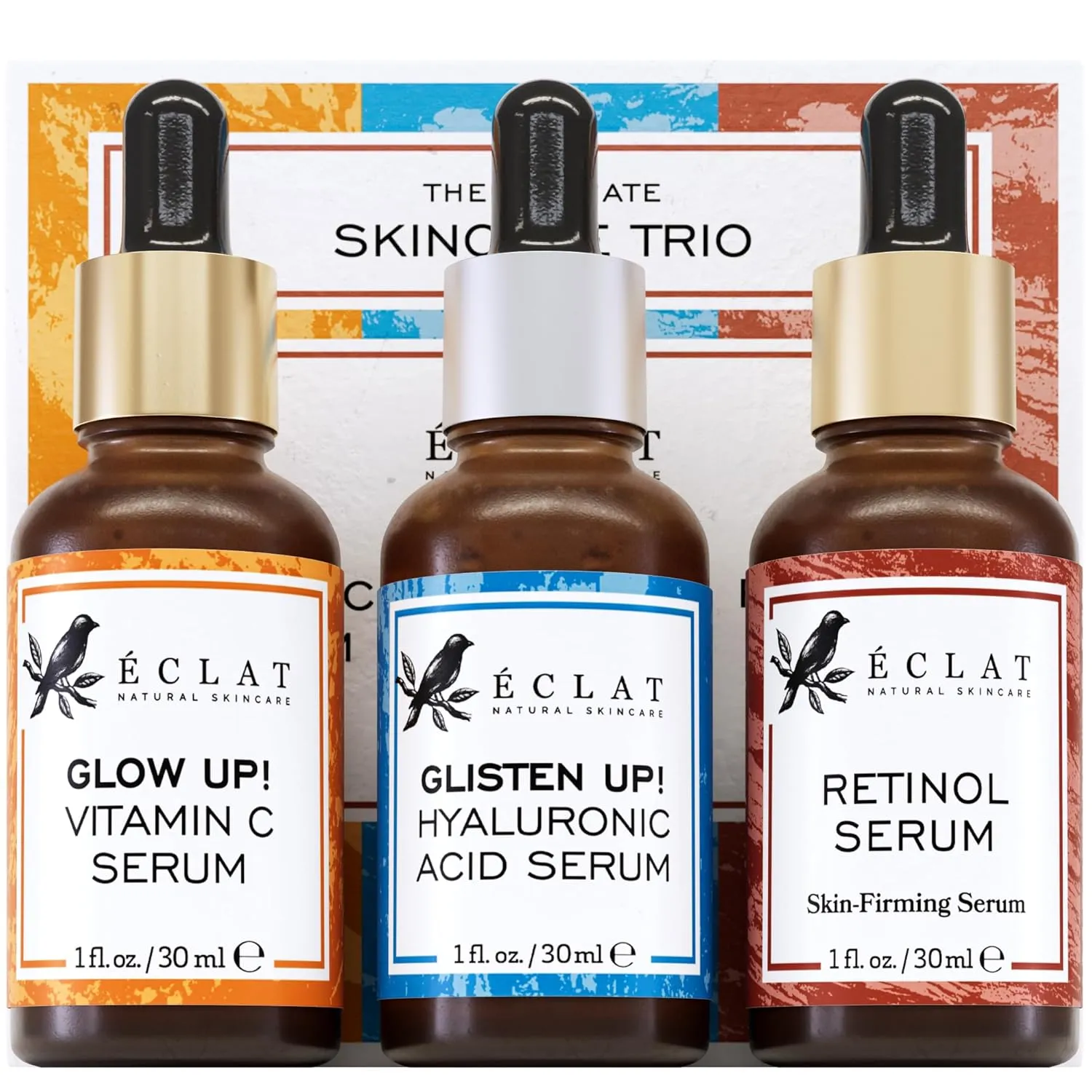 Eclat Skincare 3-Pack Face Serums - Vitamin C, Hyaluronic Acid, Retinol for Anti-Aging, Hydrating Care