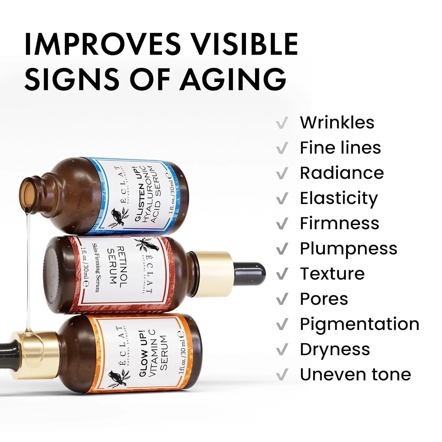 Eclat Skincare 3-Pack Face Serums - Vitamin C, Hyaluronic Acid, Retinol for Anti-Aging, Hydrating Care