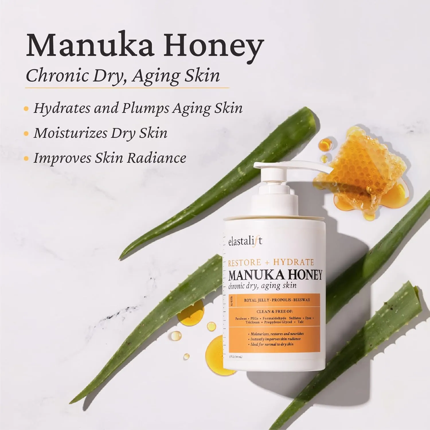 Elastalift Manuka Honey Cream Face Moisturizer & Body Butter Lotion For Dry Skin | Firming & Hydrating Miracle Balm Skin Care Moisturizing Lotion For Women, Wrinkles, & Sun Damaged Skin, 15 Fl Oz